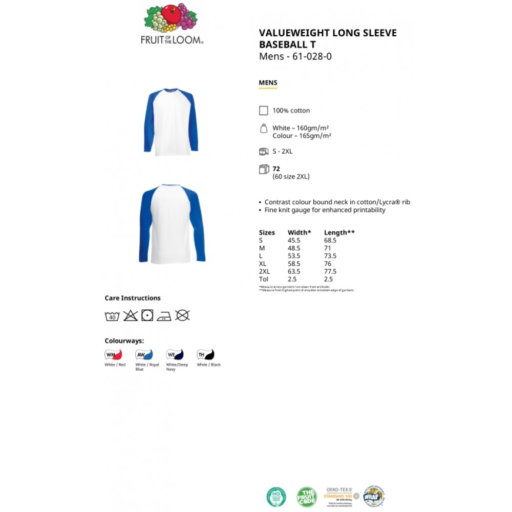 Μακρυμάνικο Baseball T-Shirt Fruit Of The Loom, VALUEWEIGHT 61-028-0